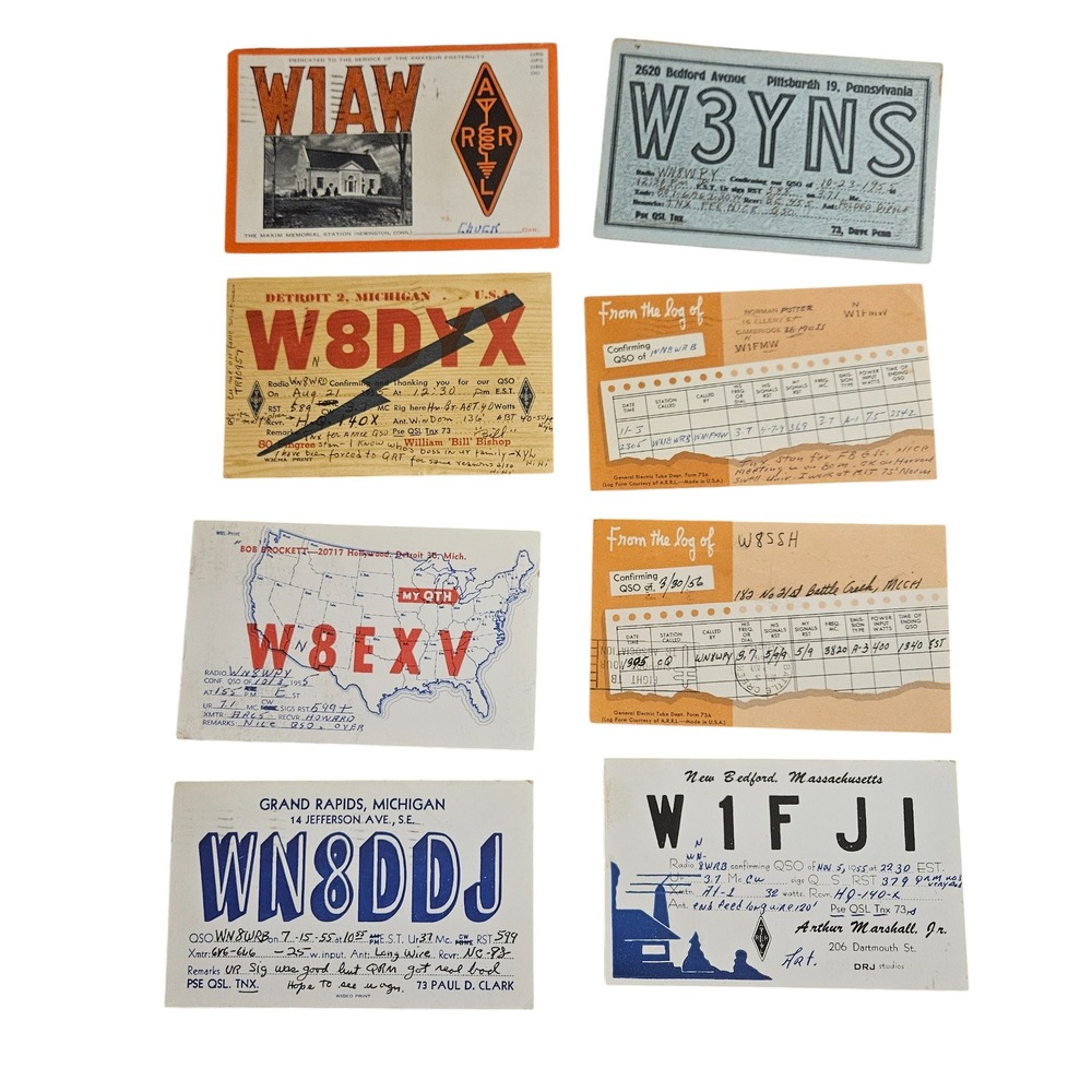 Lot of 8 Vintage 1950s Massachusetts, Pennsylvania, USA Amateur Radio QSL Cards
